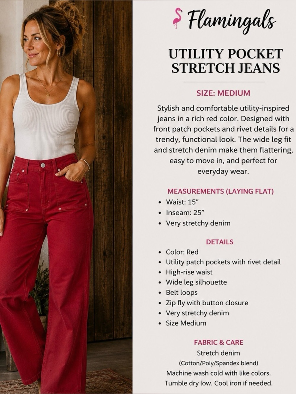 Flamingals Red Utility Pocket Stretch Jeans - Medium